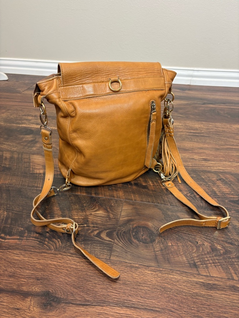 MUSS Tan Leather Convertible Backpack - Woven Detail Feather Tassel - Picture 3 of 6